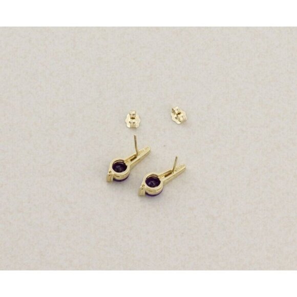 14k Yellow Gold Natural Amethyst & Diamond Earrings Stud Post - Picture 8 of 8